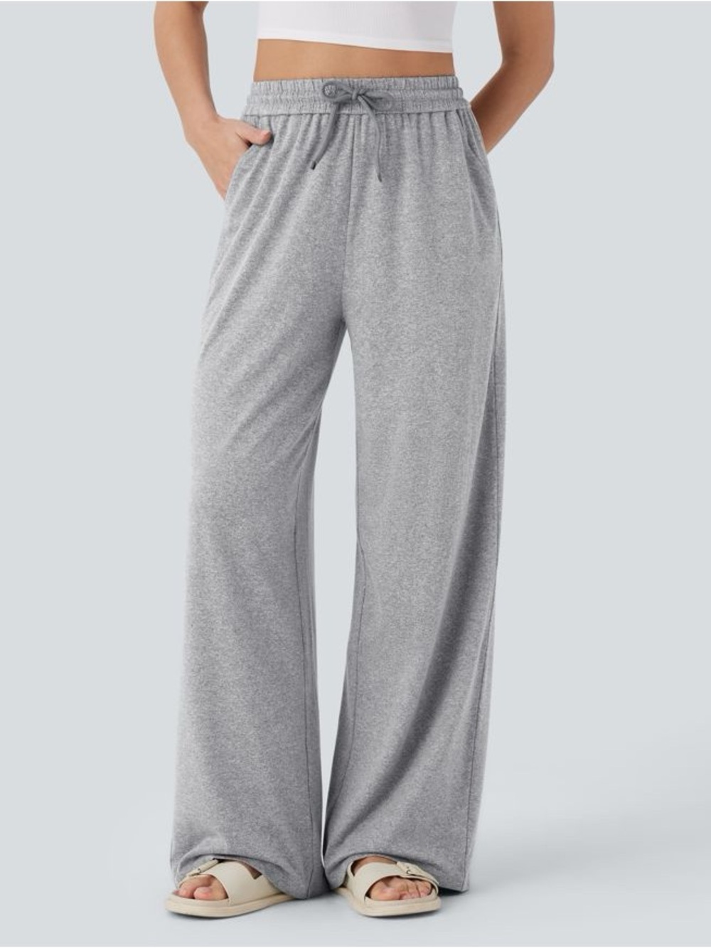 High Waisted Drawstring Pocket Wide Leg Baggy Casual Pants